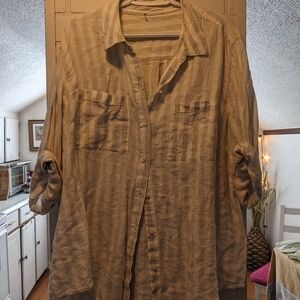 Women's Beige Striped Button-Up Shirt